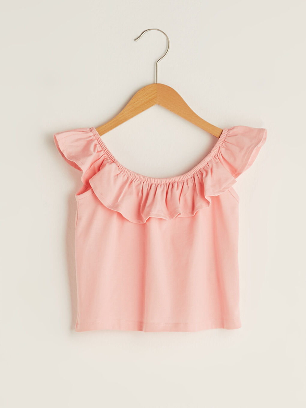 Pembe Kayık Yaka Fırfır Detaylı Kız Çocuk Tişört