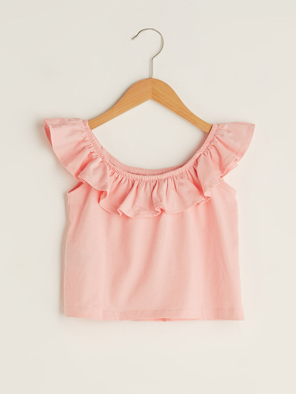 Pembe Kayık Yaka Fırfır Detaylı Kız Çocuk Tişört-1