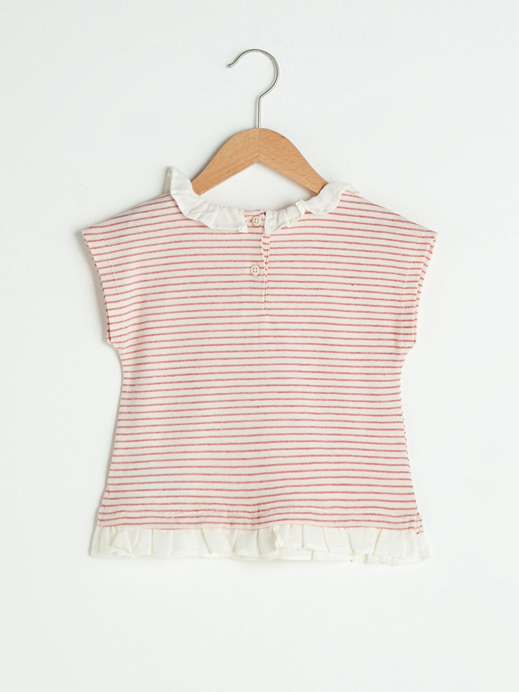 Kırmızı Bisiklet Yaka Kısa Kollu Çizgili Kız Bebek Tişört-1