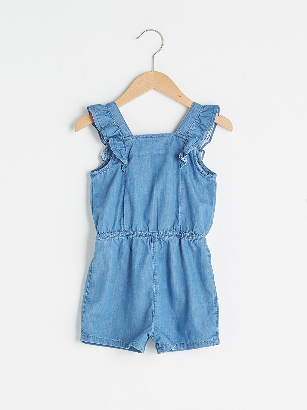 Salopette en jean courte en coton pour bébé fille à bretelles et col carré