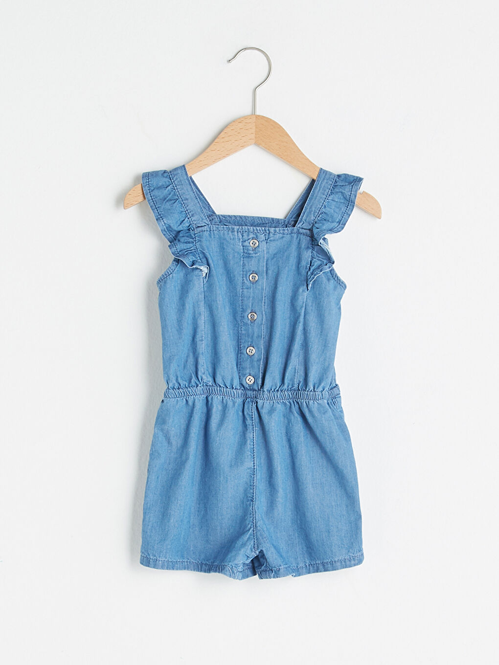 Salopette en jean courte en coton pour bébé fille à bretelles et col carré-1