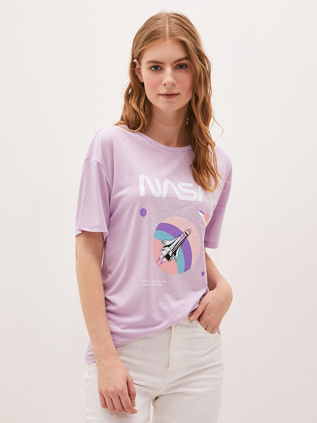LCW Vision Crew Neck Nasa Printed Short Sleeve Women's T-Shirt -S1JH09Z8-KYB