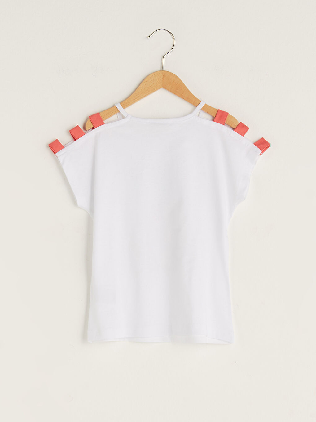 Beyaz Bisiklet Yaka Baskılı Kısa Kollu Kız Çocuk Tişört-1