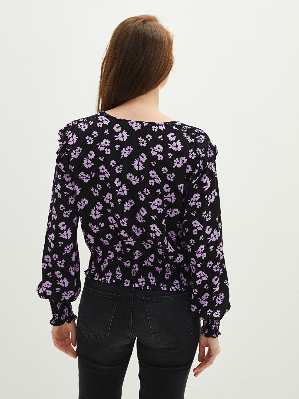 Karışık V Yaka Desenli Uzun Kollu Viskon Kadın Bluz-3