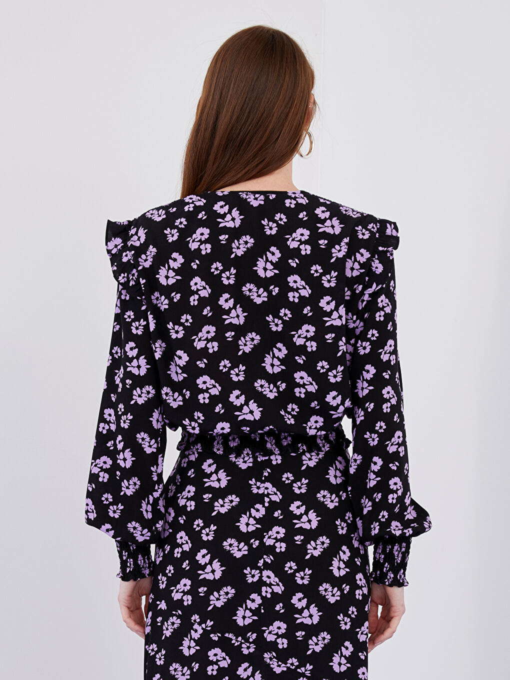 Karışık V Yaka Desenli Uzun Kollu Viskon Kadın Bluz-2