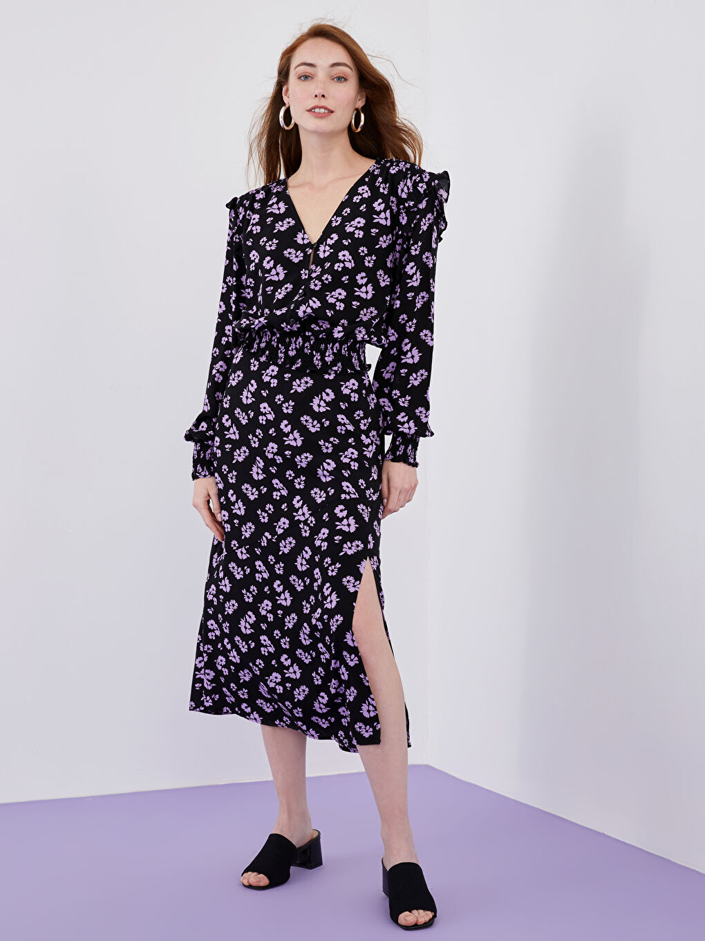 Karışık V Yaka Desenli Uzun Kollu Viskon Kadın Bluz