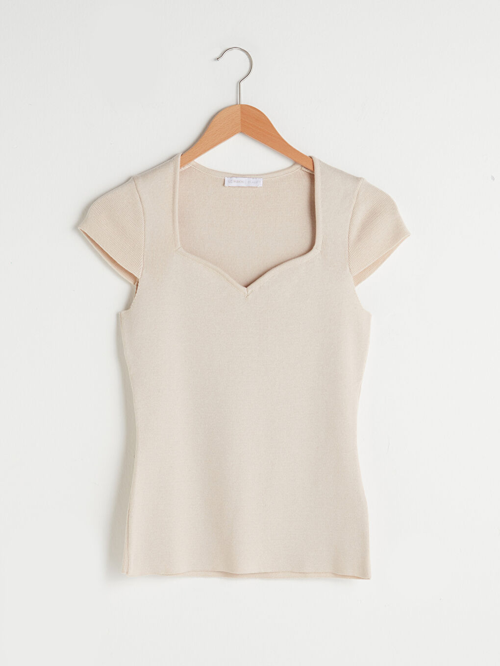 Bej U Yaka Düz Kısa Kollu Kadın Triko Kazak-11