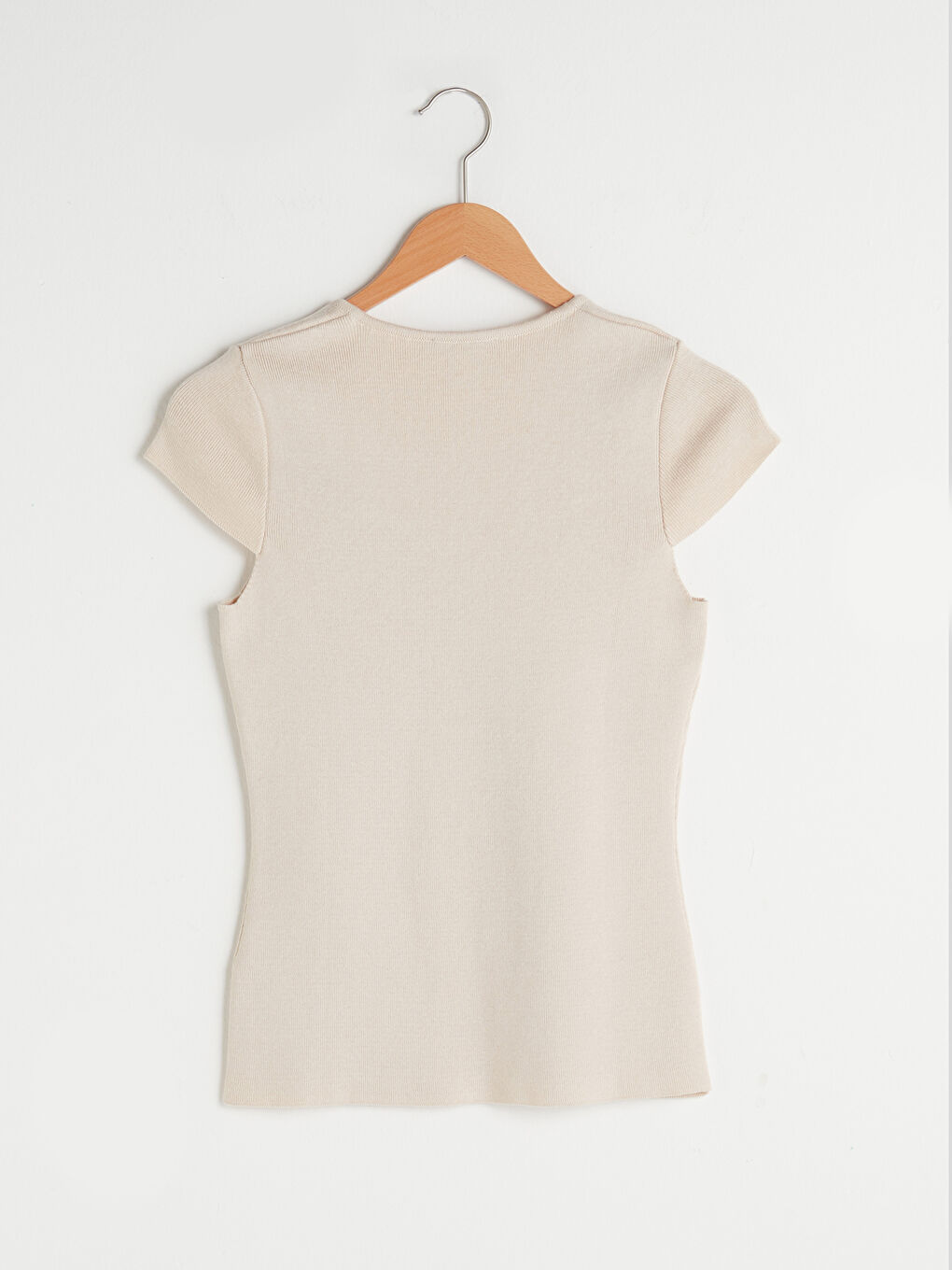 Bej U Yaka Düz Kısa Kollu Kadın Triko Kazak-12