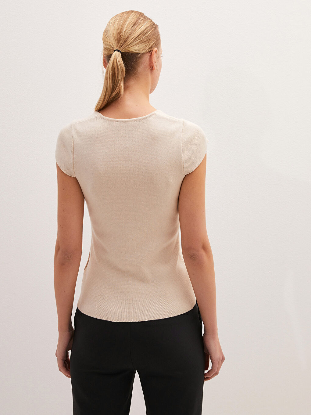 Bej U Yaka Düz Kısa Kollu Kadın Triko Kazak-9