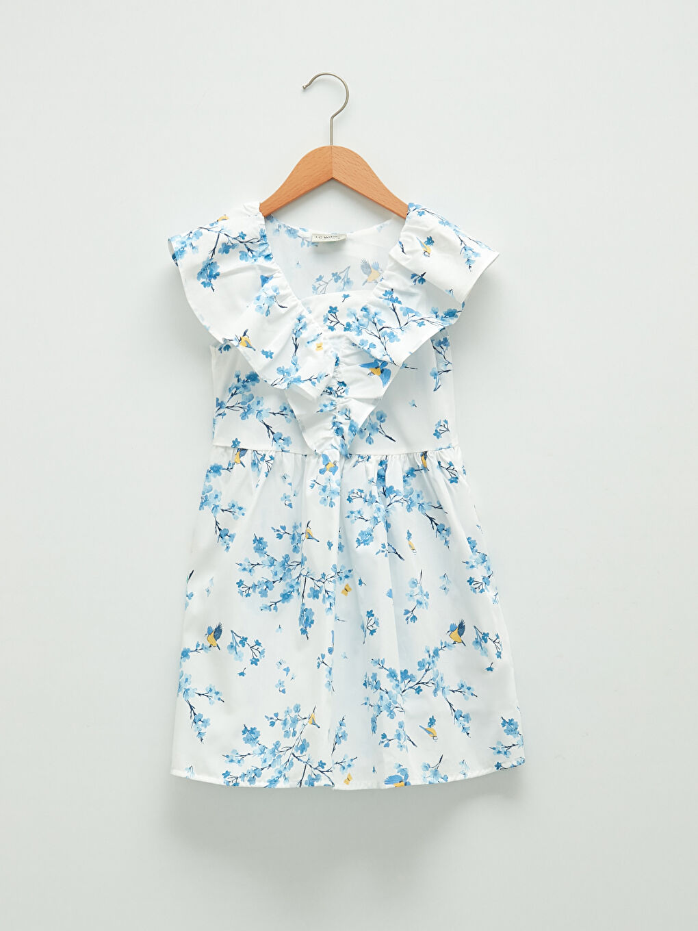 Beyaz V Yaka Desenli Poplin Kız Çocuk Elbise-7