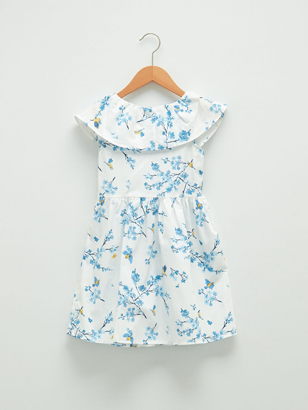 Beyaz V Yaka Desenli Poplin Kız Çocuk Elbise-8