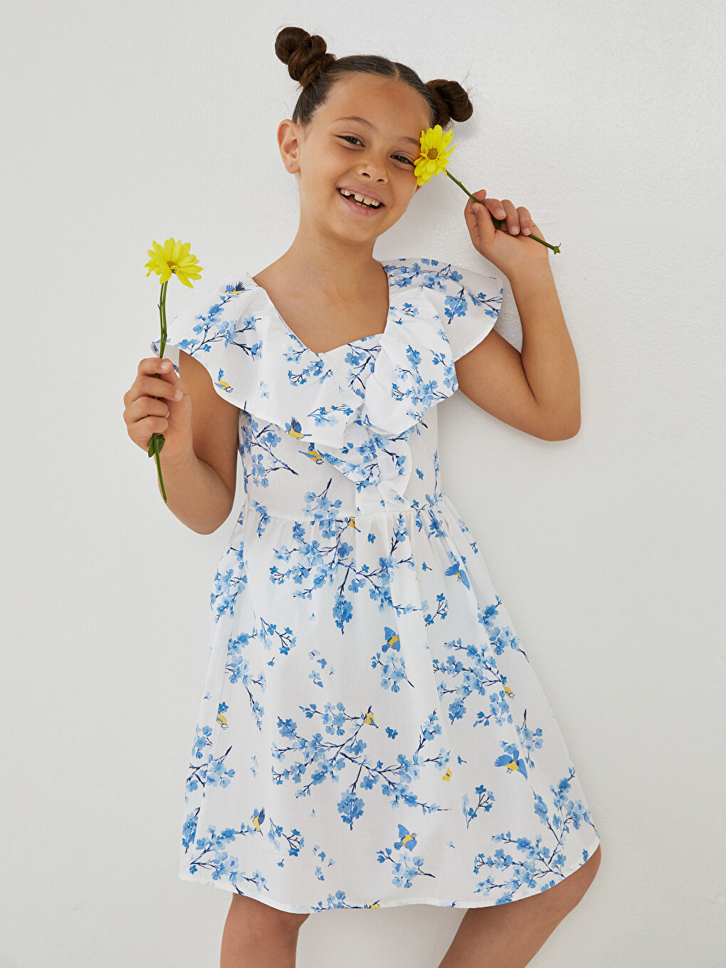 Beyaz V Yaka Desenli Poplin Kız Çocuk Elbise-2