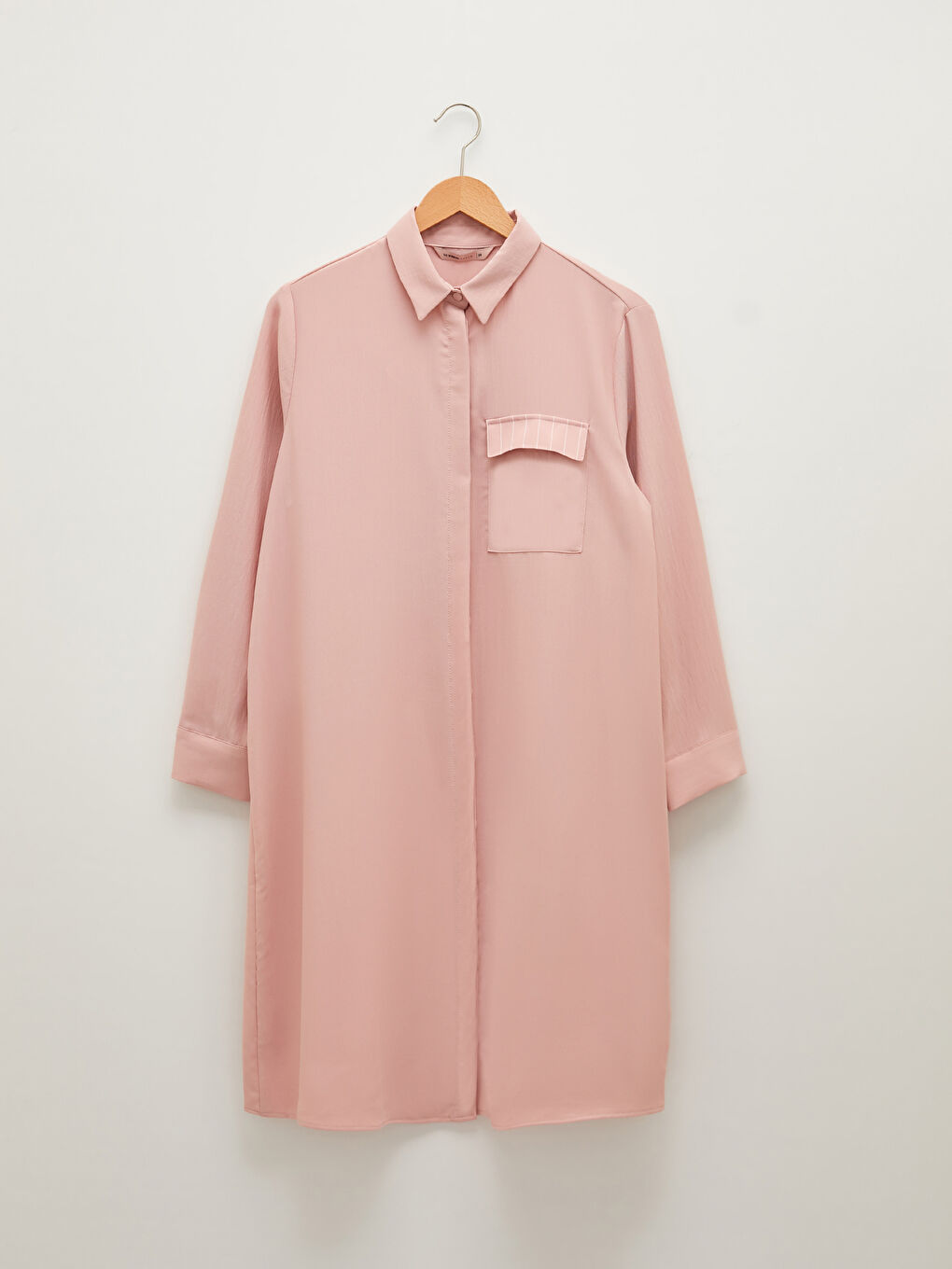 Pembe Düz Uzun Kollu Kadın Gömlek Tunik-5