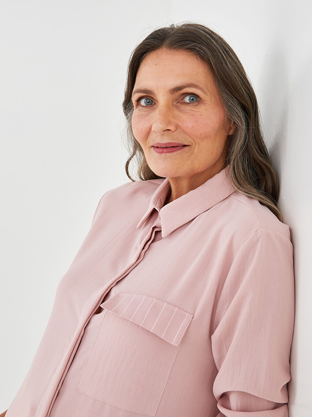 Pembe Düz Uzun Kollu Kadın Gömlek Tunik-1