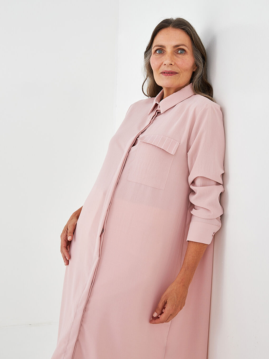 Pembe Düz Uzun Kollu Kadın Gömlek Tunik-2