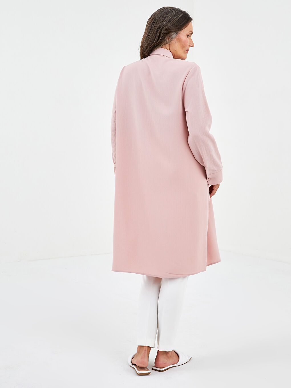 Pembe Düz Uzun Kollu Kadın Gömlek Tunik-3