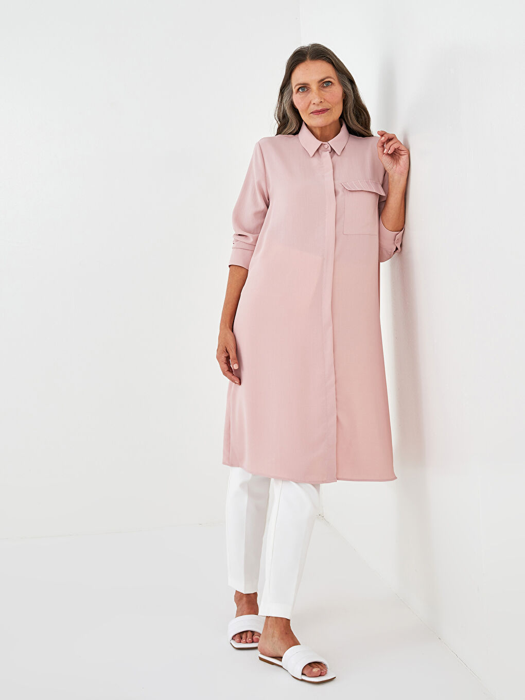 Pembe Düz Uzun Kollu Kadın Gömlek Tunik-4