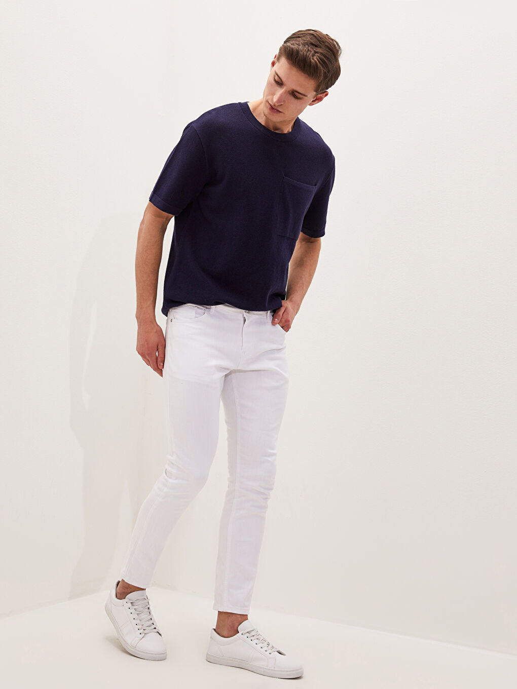 Lacivert Bisiklet Yaka Kısa Kollu Erkek Triko Kazak-1