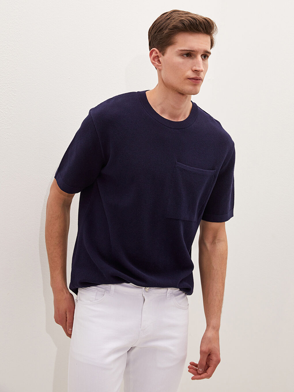 Lacivert Bisiklet Yaka Kısa Kollu Erkek Triko Kazak-3