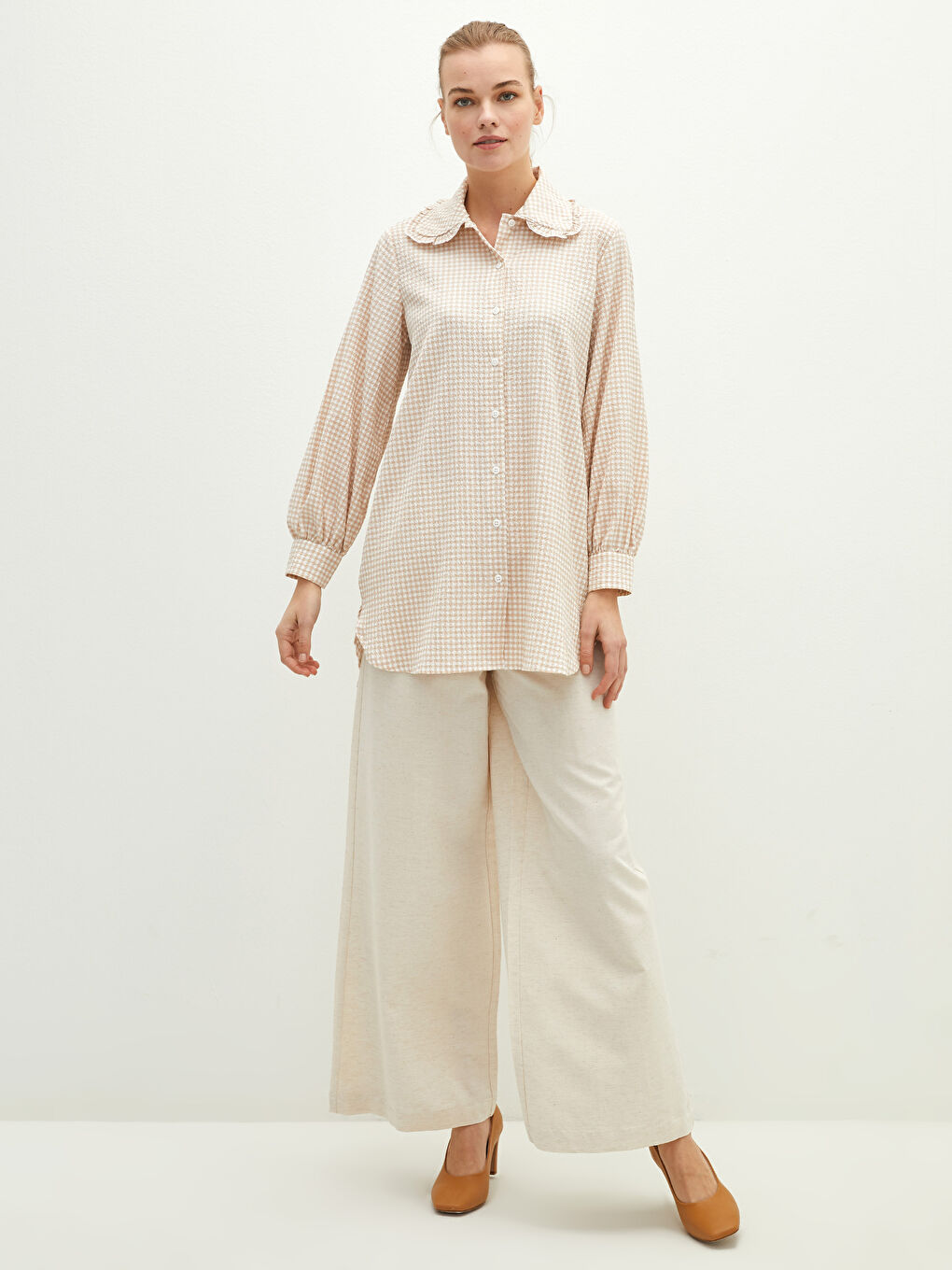 تونيك نسائي كاروهات ياقة بيتر بان كم طويل-1