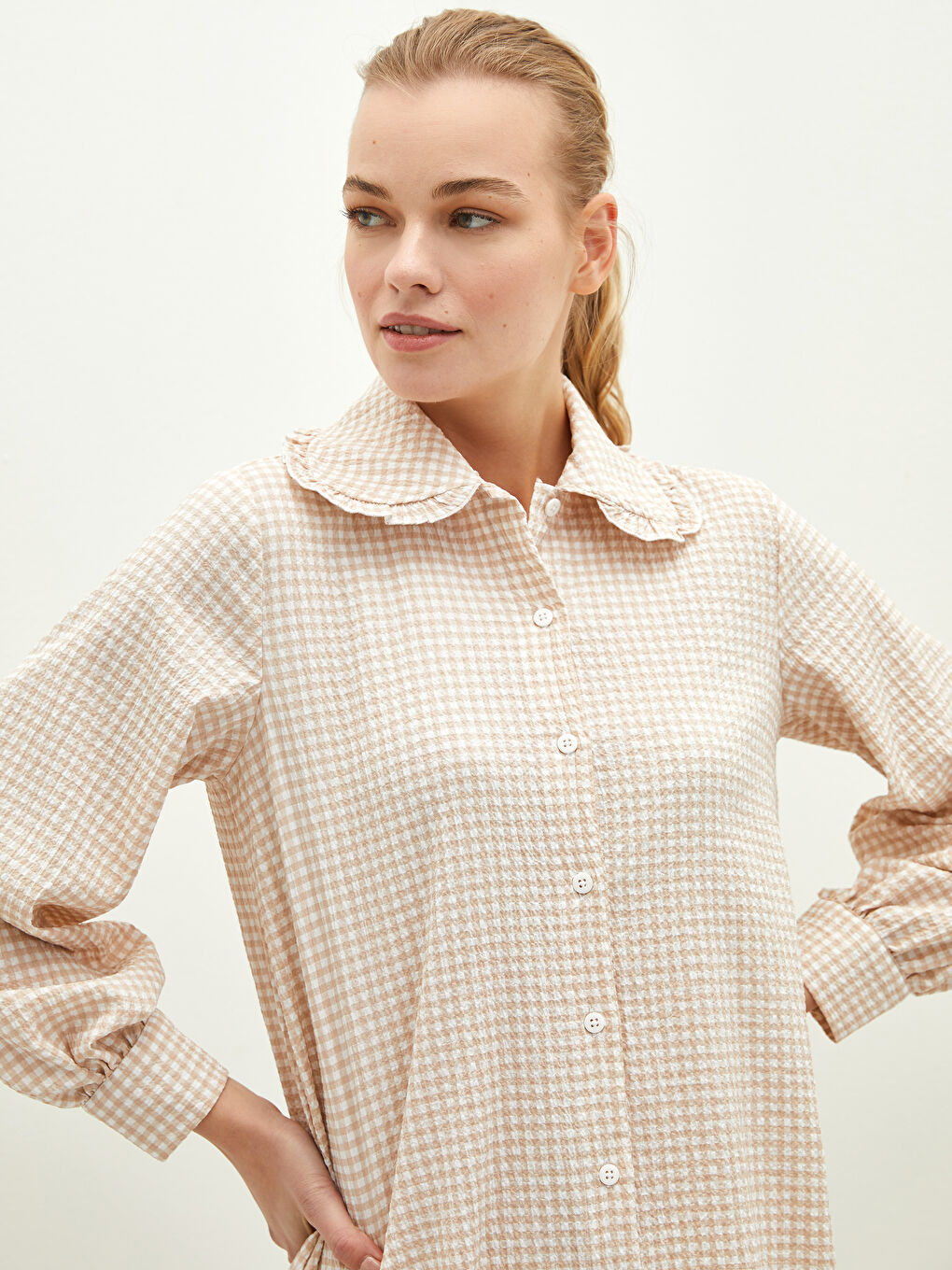 تونيك نسائي كاروهات ياقة بيتر بان كم طويل-2