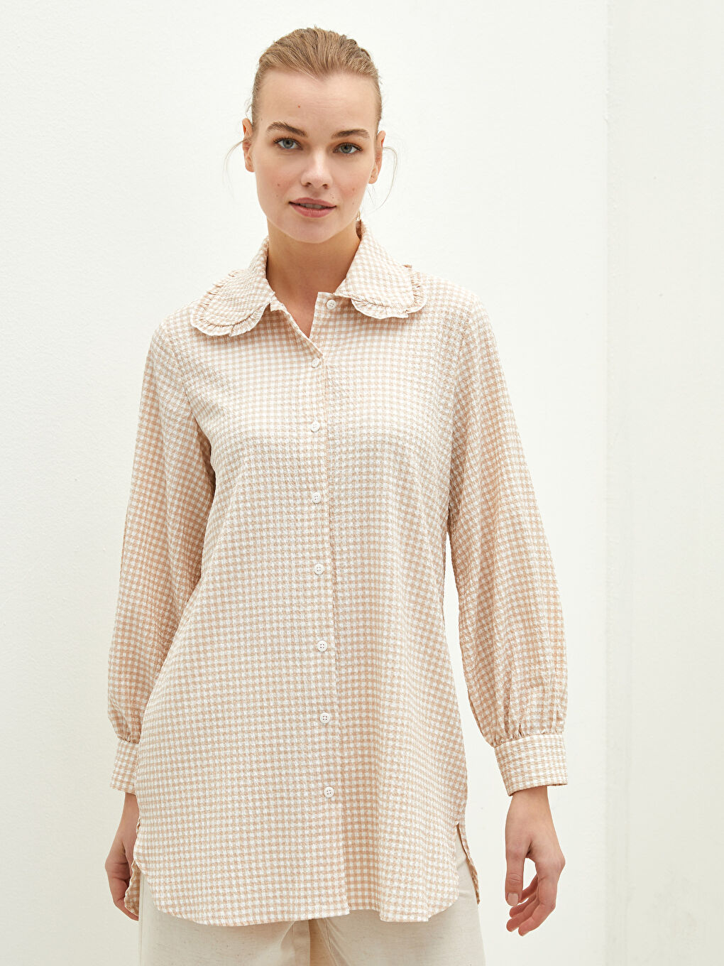 تونيك نسائي كاروهات ياقة بيتر بان كم طويل-4