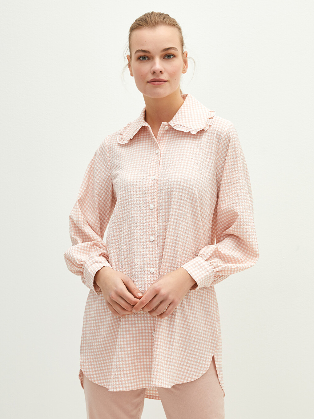 Baby Collar Plaid Long Sleeve Women Tunic-4