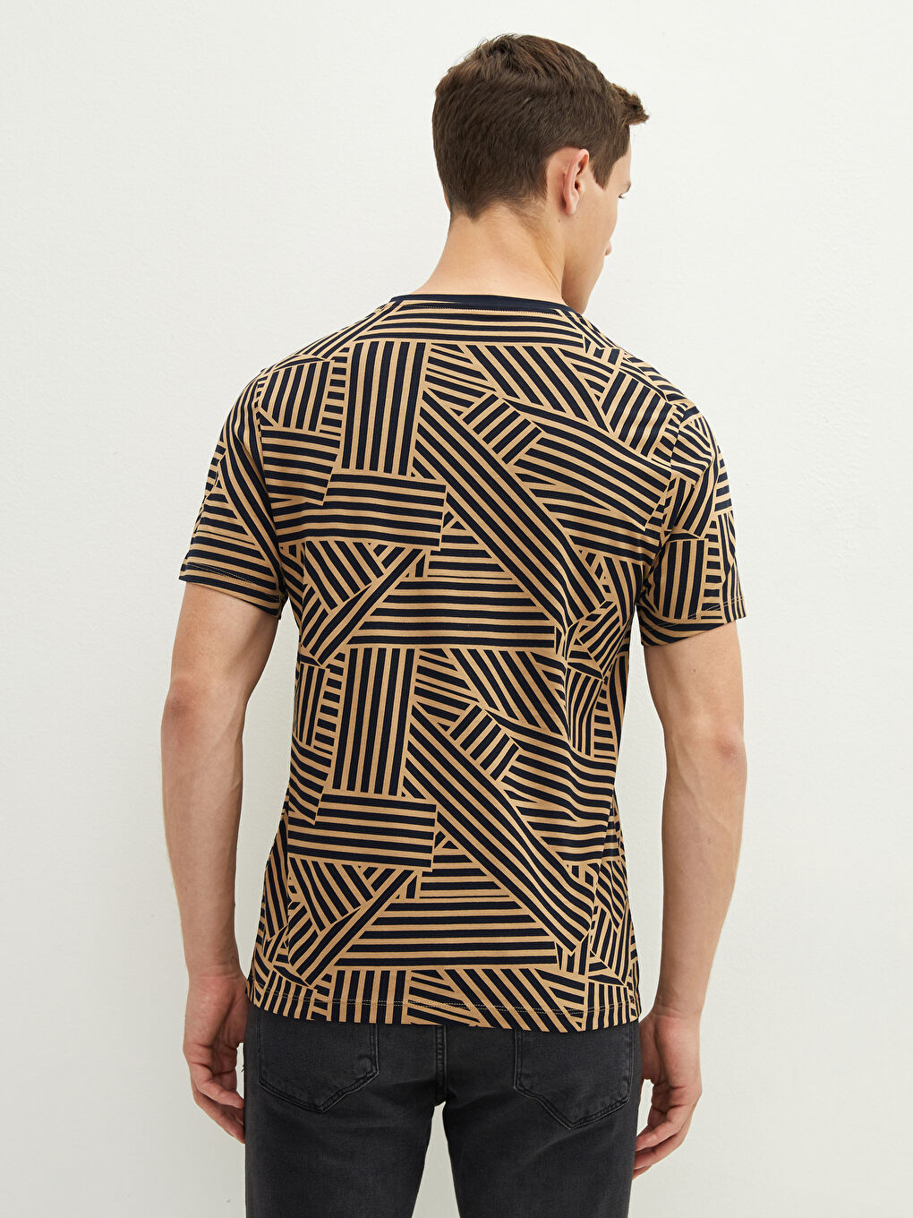 Lacivert Bisiklet Yaka Kısa Kollu Desenli Penye Erkek Tişört-4