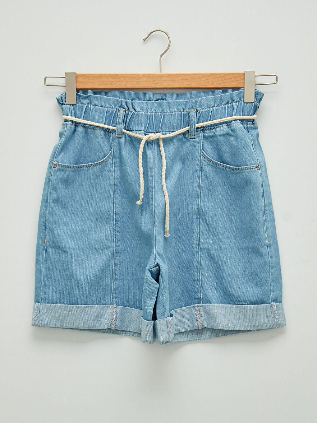 İndigo Beli Lastikli Cep Detaylı Kadın Jean Şort-5