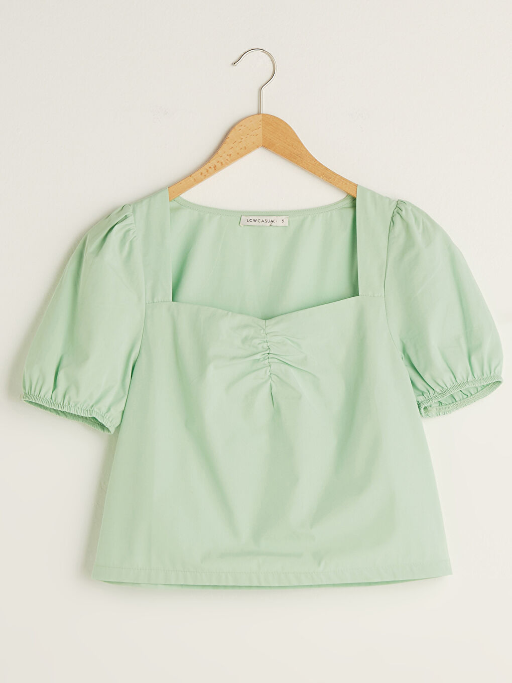 Yeşil Kare Yaka Düz Kısa Kolu Dobby Kumaş Kadın Bluz-5