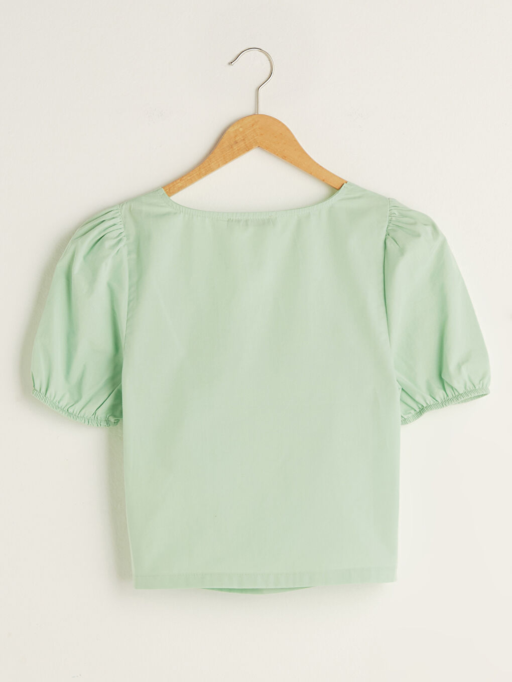 Yeşil Kare Yaka Düz Kısa Kolu Dobby Kumaş Kadın Bluz-7