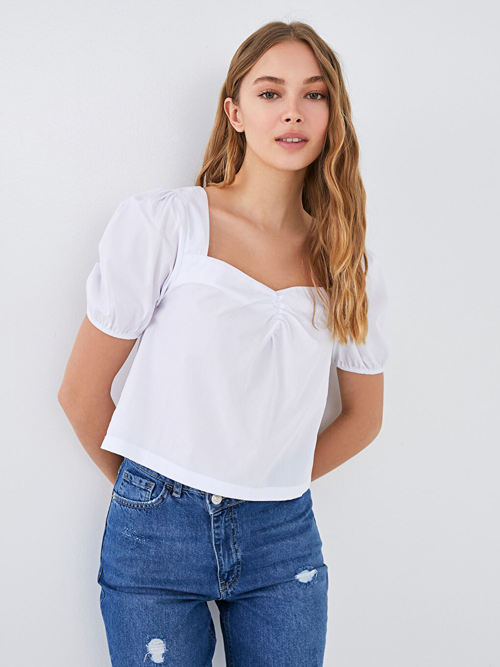 LCW Vision Square Collar Straight Short Sleeve Dobby Fabric Women Blouse -S1JK08Z8-J5E