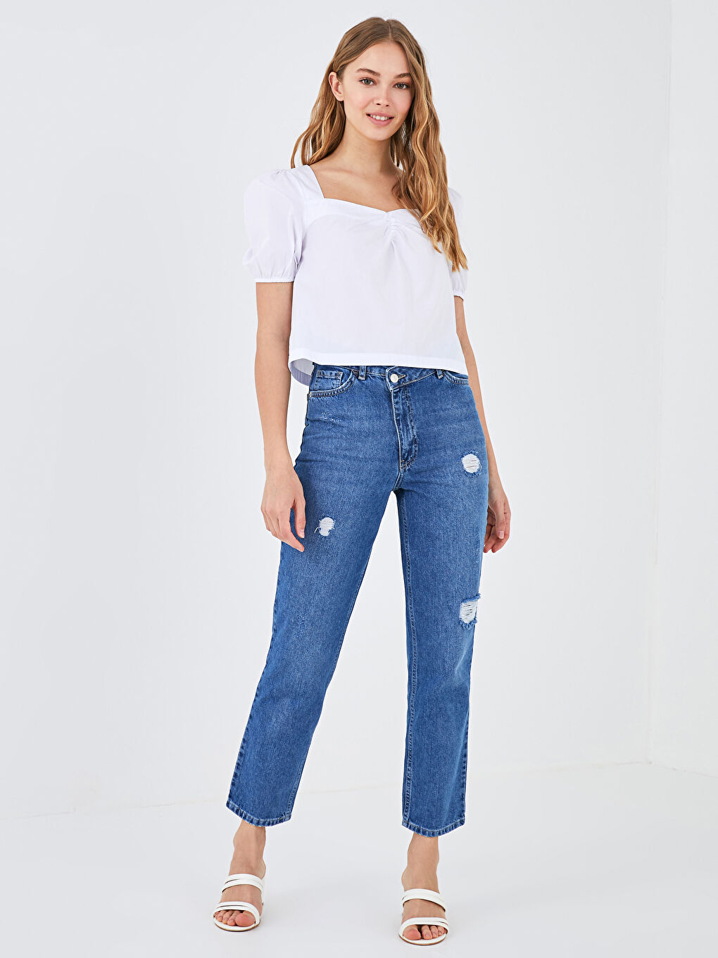 LCW Vision Square Collar Straight Short Sleeve Dobby Fabric Women Blouse -S1JK08Z8-J5E