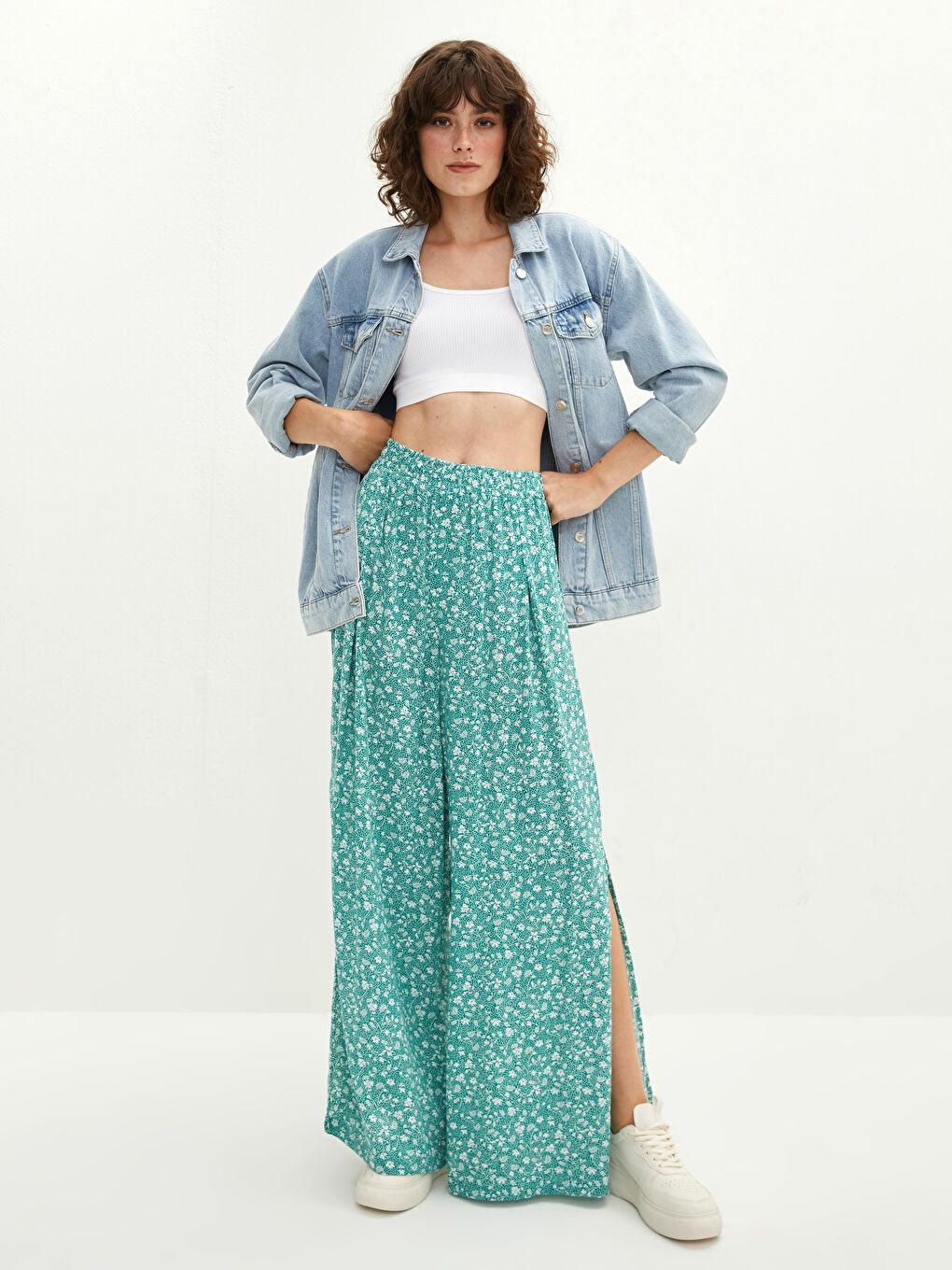 Yeşil Beli Lastikli Çiçekli Viskon Kadın Pantolon-1