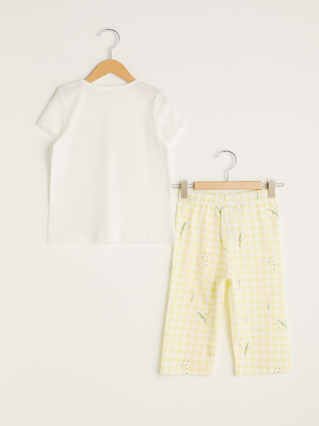 Ekru Bisiklet Yaka Baskılı Kısa Kollu Pamuklu Kız Çocuk Pijama Takımı-1