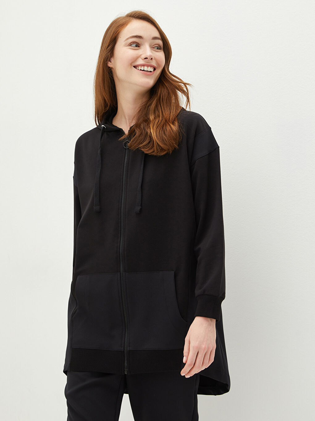 Hooded Collar Straight Zipper Closure Long Sleeve Women's Cardigan-1