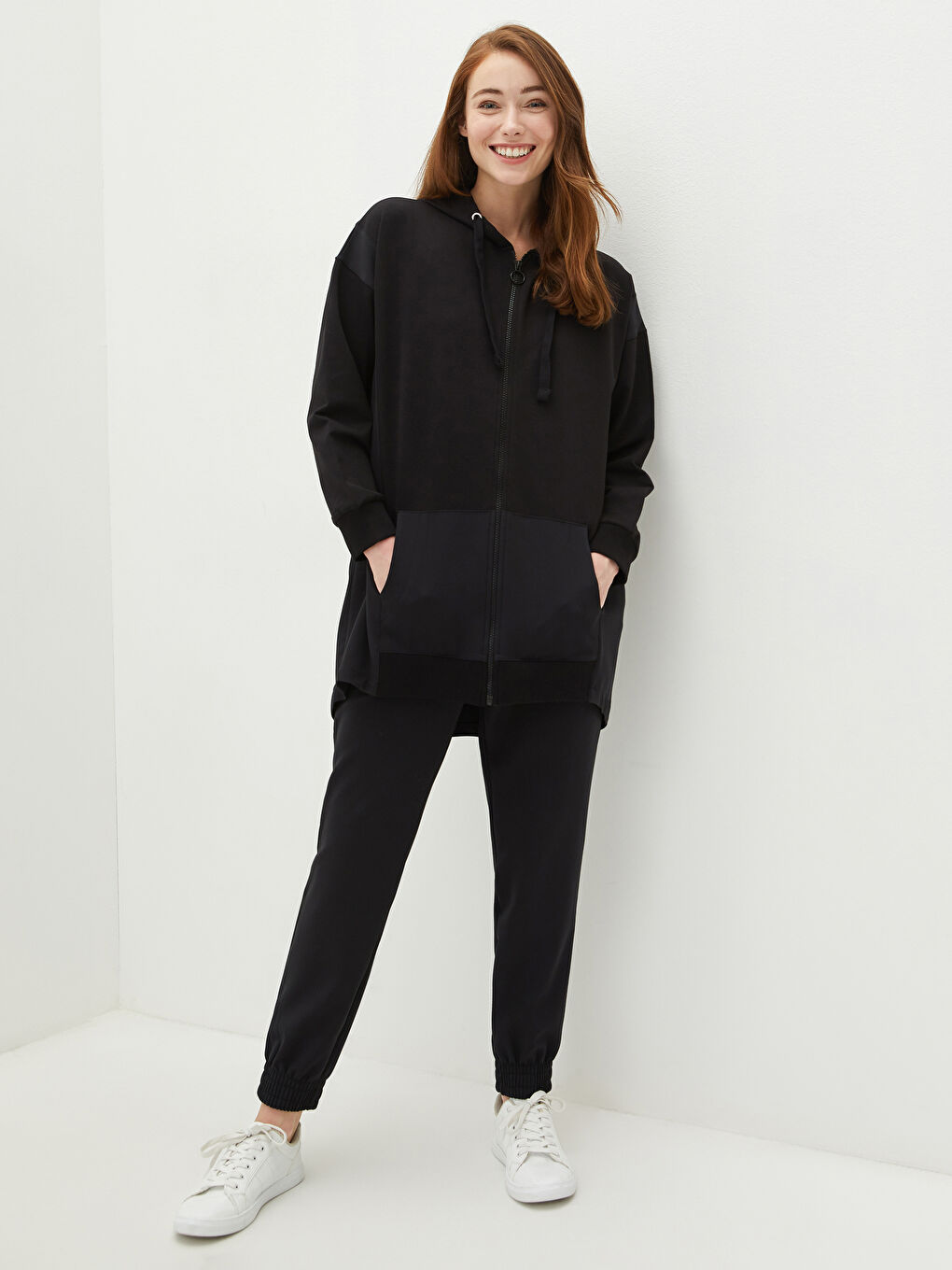 Hooded Collar Straight Zipper Closure Long Sleeve Women's Cardigan-2