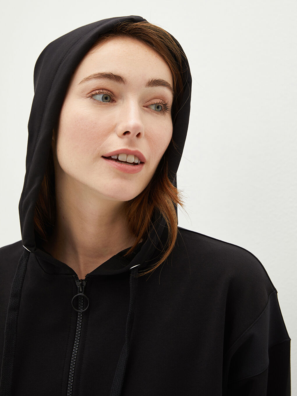 Hooded Collar Straight Zipper Closure Long Sleeve Women's Cardigan-3