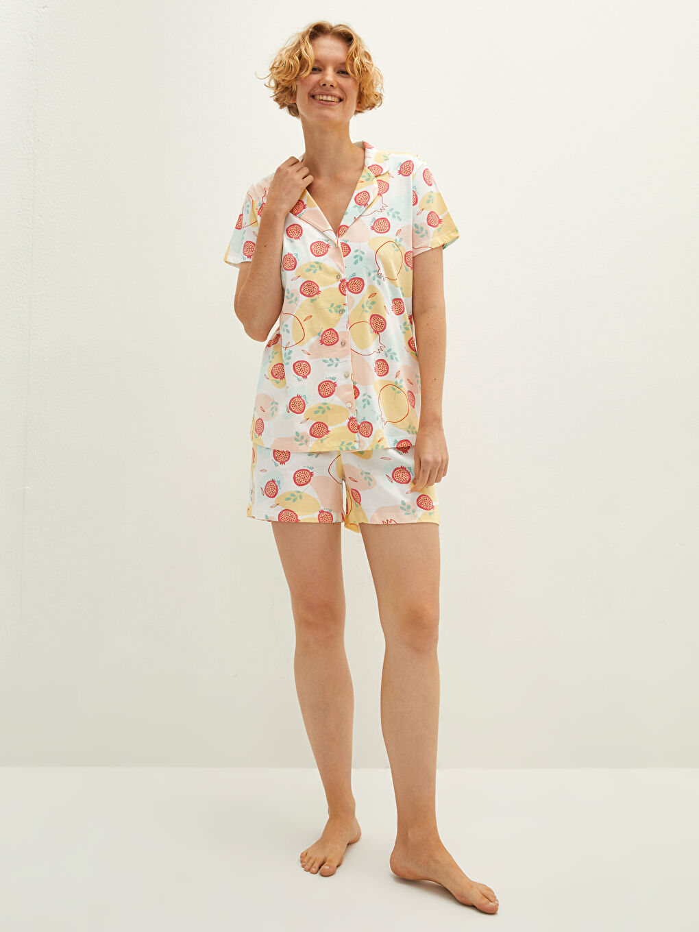 LCW DREAM Shirt Collar Patterned Short Sleeve Cotton Women's Short Pajamas Set -S1JK94Z8-LRA