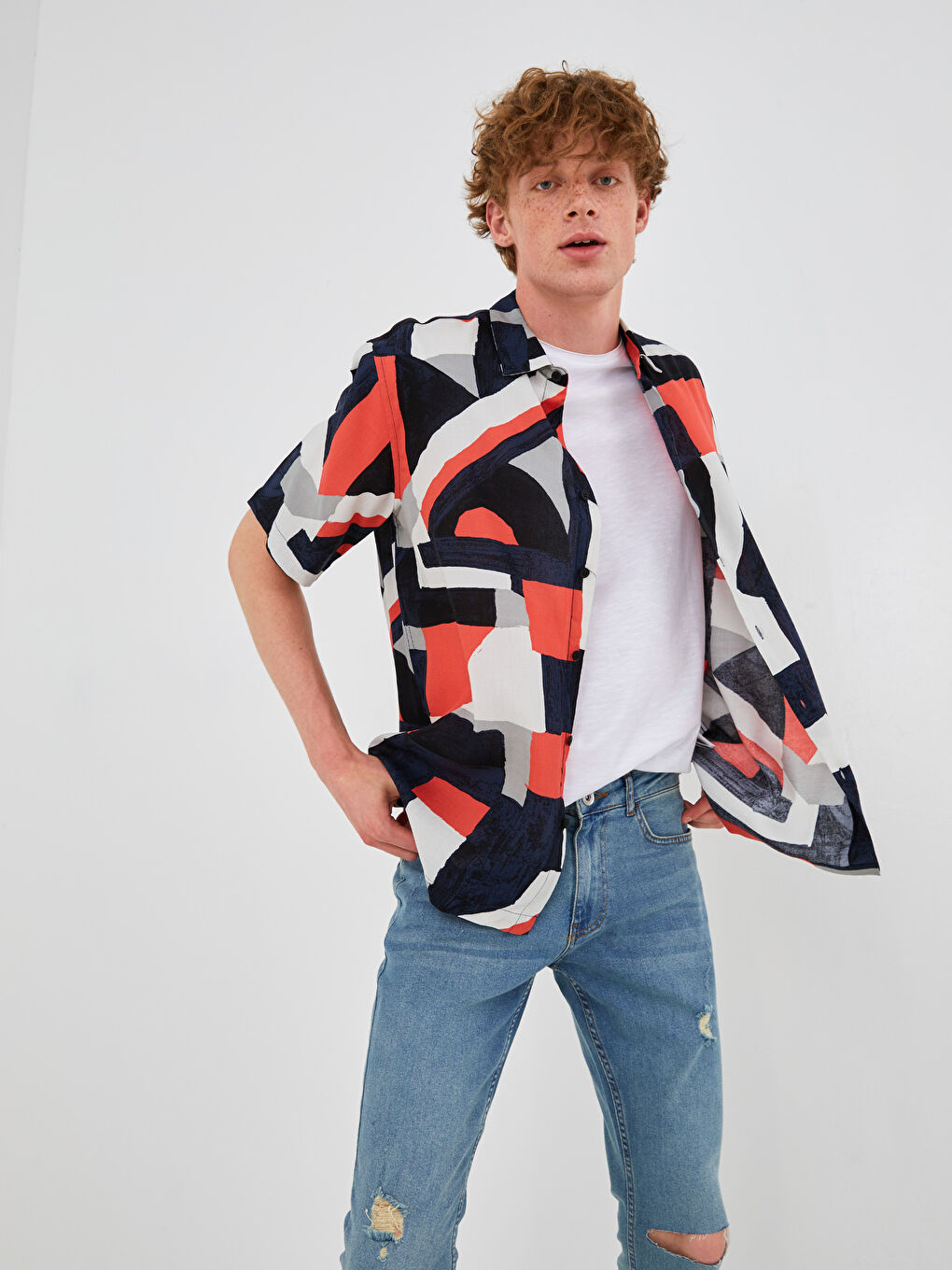 Kırmızı Regular Fit Kısa Kollu Desenli Erkek Gömlek-2