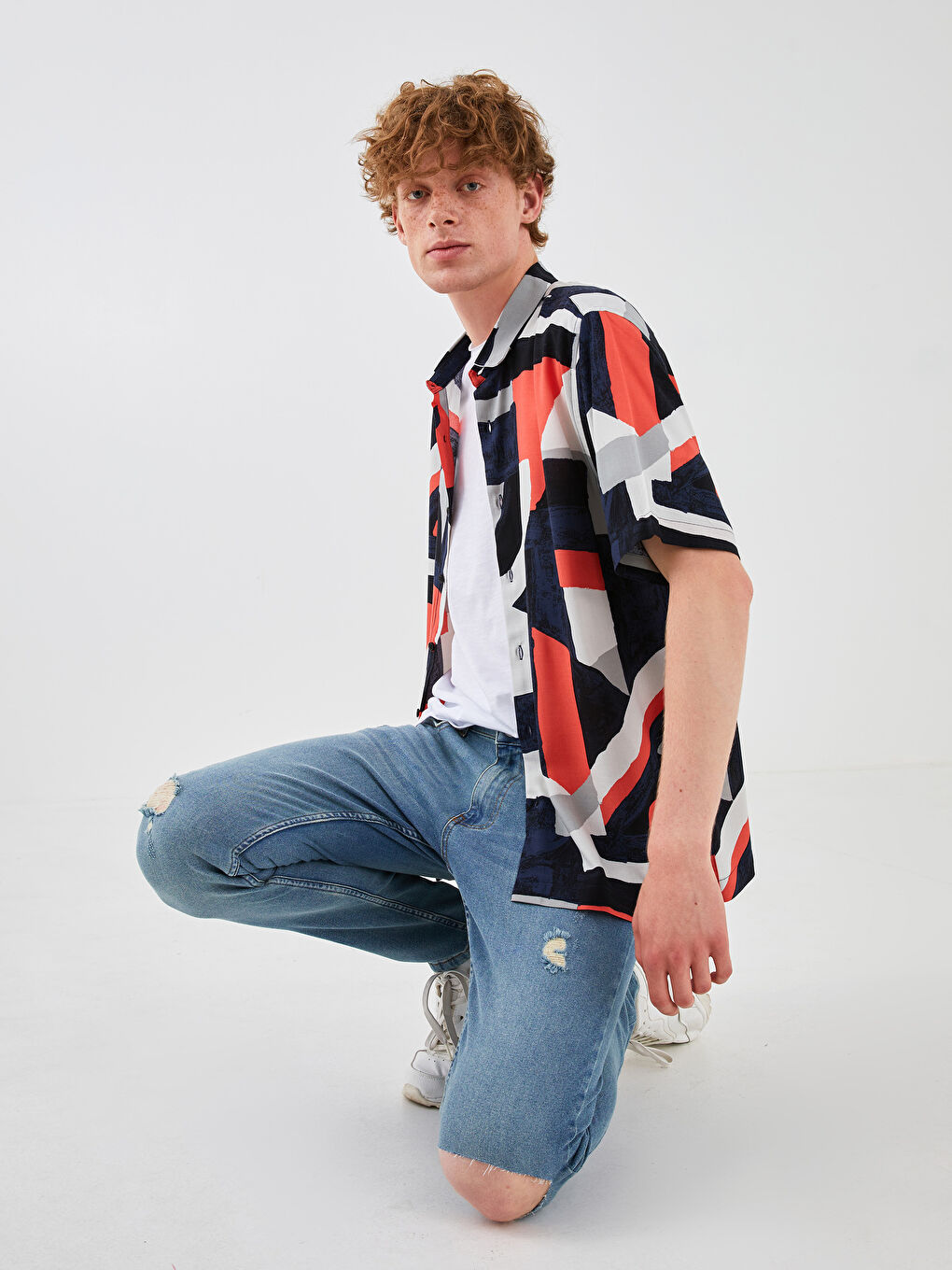 Kırmızı Regular Fit Kısa Kollu Desenli Erkek Gömlek-5