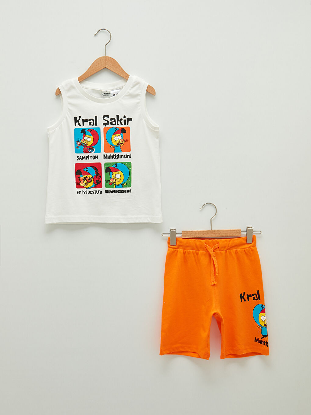 Beyaz Bisiklet Yaka Kral Şakir Baskılı Pamuklu Erkek Çocuk Atlet ve Şort