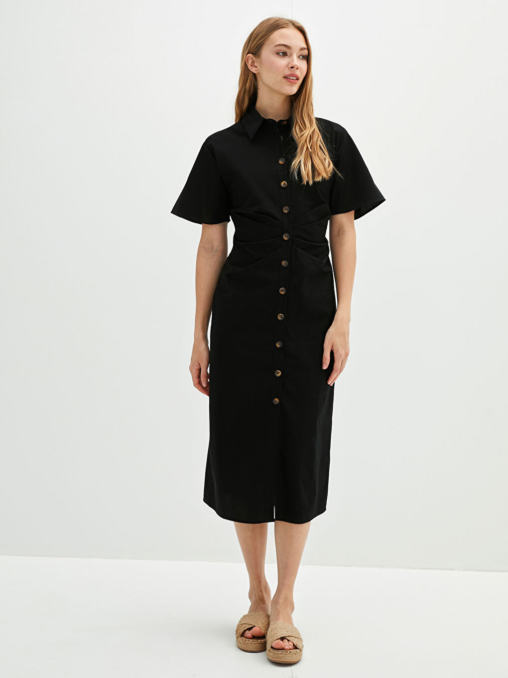 Robe Chemise Unie à Manches Courtes en Popeline pour Femmes-5