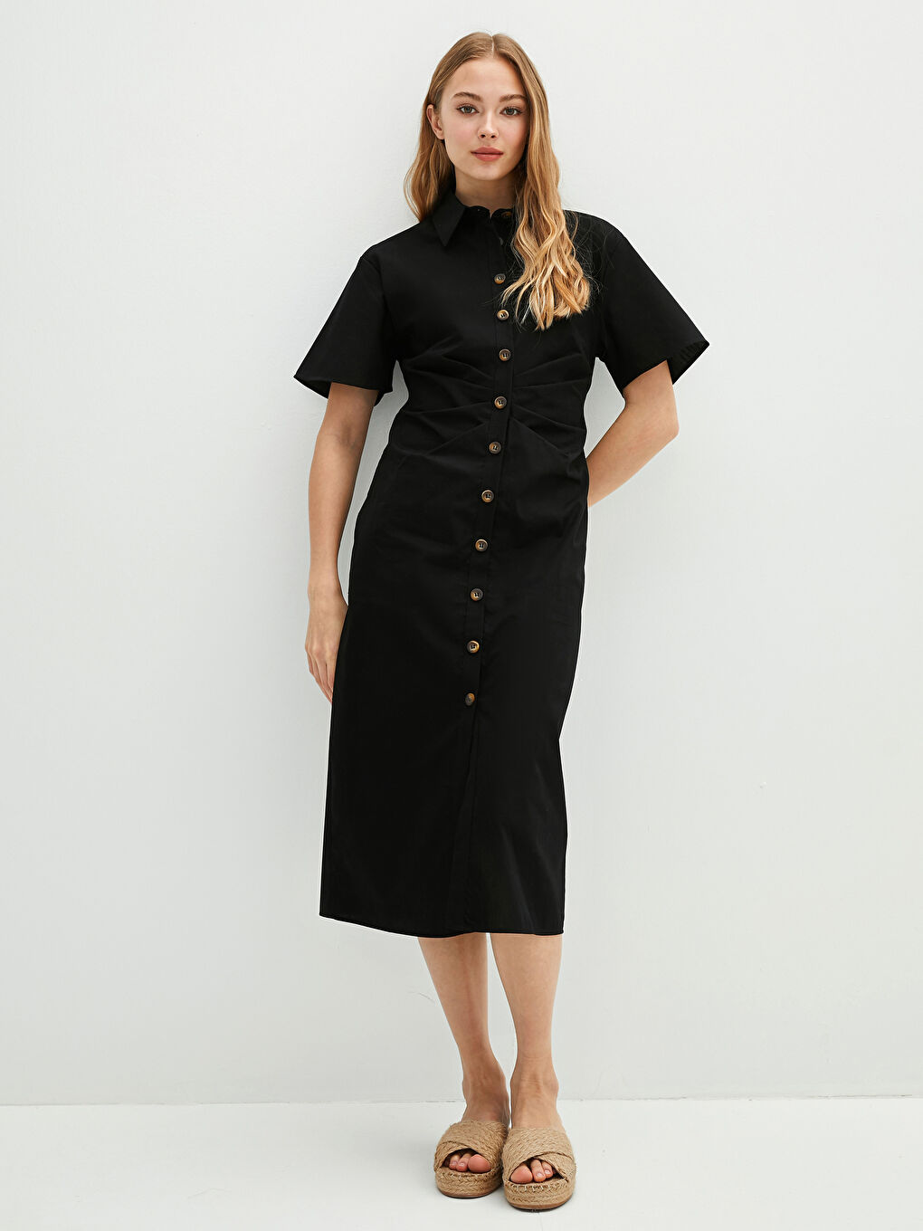 Robe Chemise Unie à Manches Courtes en Popeline pour Femmes-6