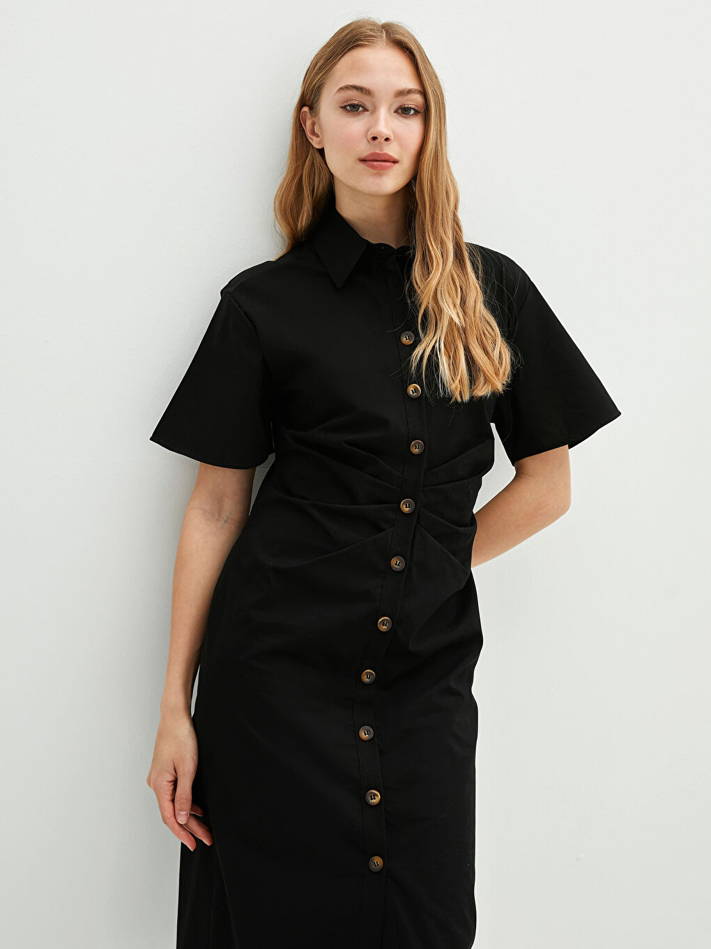 Robe Chemise Unie à Manches Courtes en Popeline pour Femmes-7