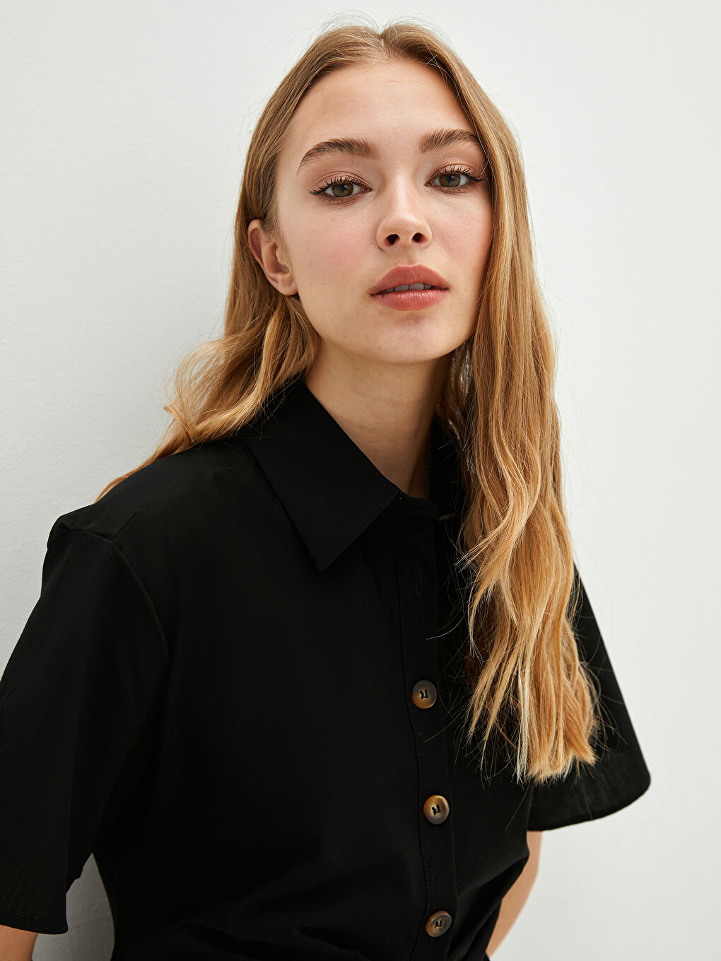 Robe Chemise Unie à Manches Courtes en Popeline pour Femmes-8