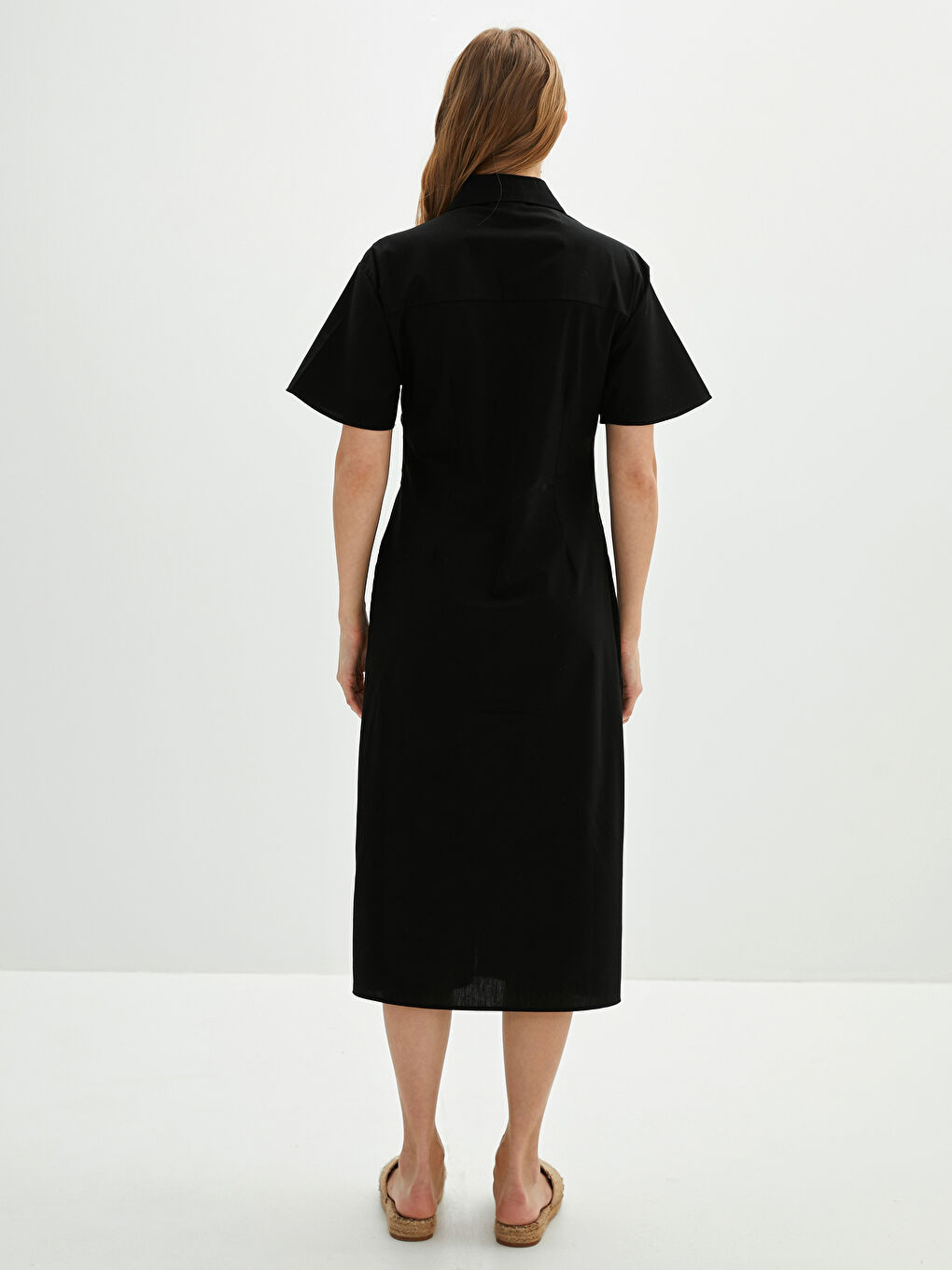 Robe Chemise Unie à Manches Courtes en Popeline pour Femmes-9