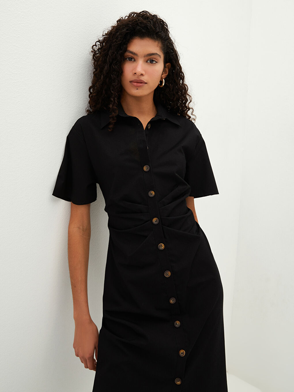 Robe Chemise Unie à Manches Courtes en Popeline pour Femmes-1