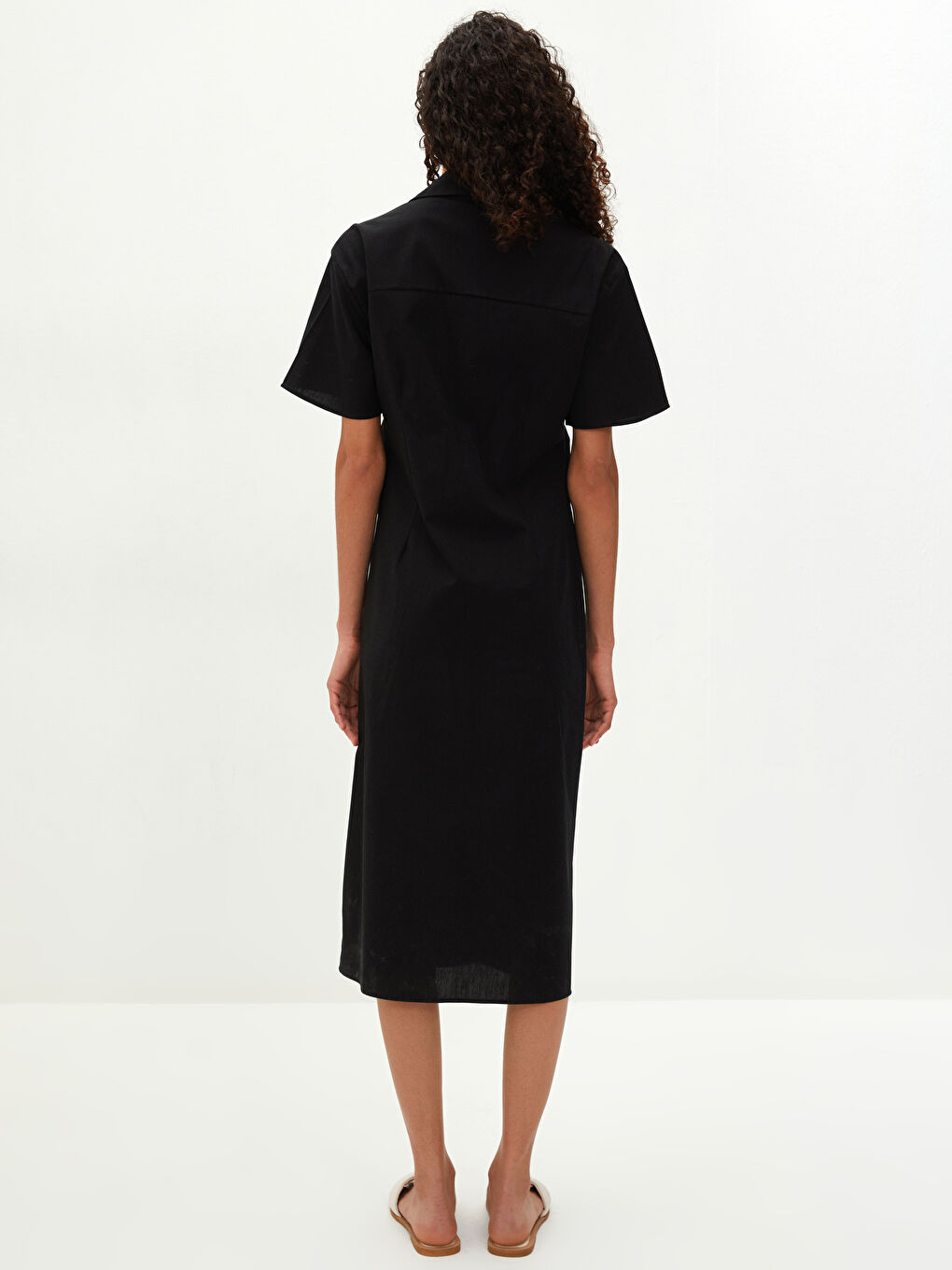 Robe Chemise Unie à Manches Courtes en Popeline pour Femmes-3