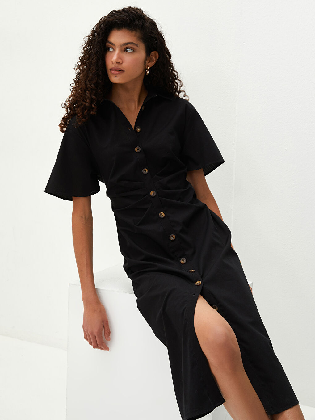 Robe Chemise Unie à Manches Courtes en Popeline pour Femmes-4